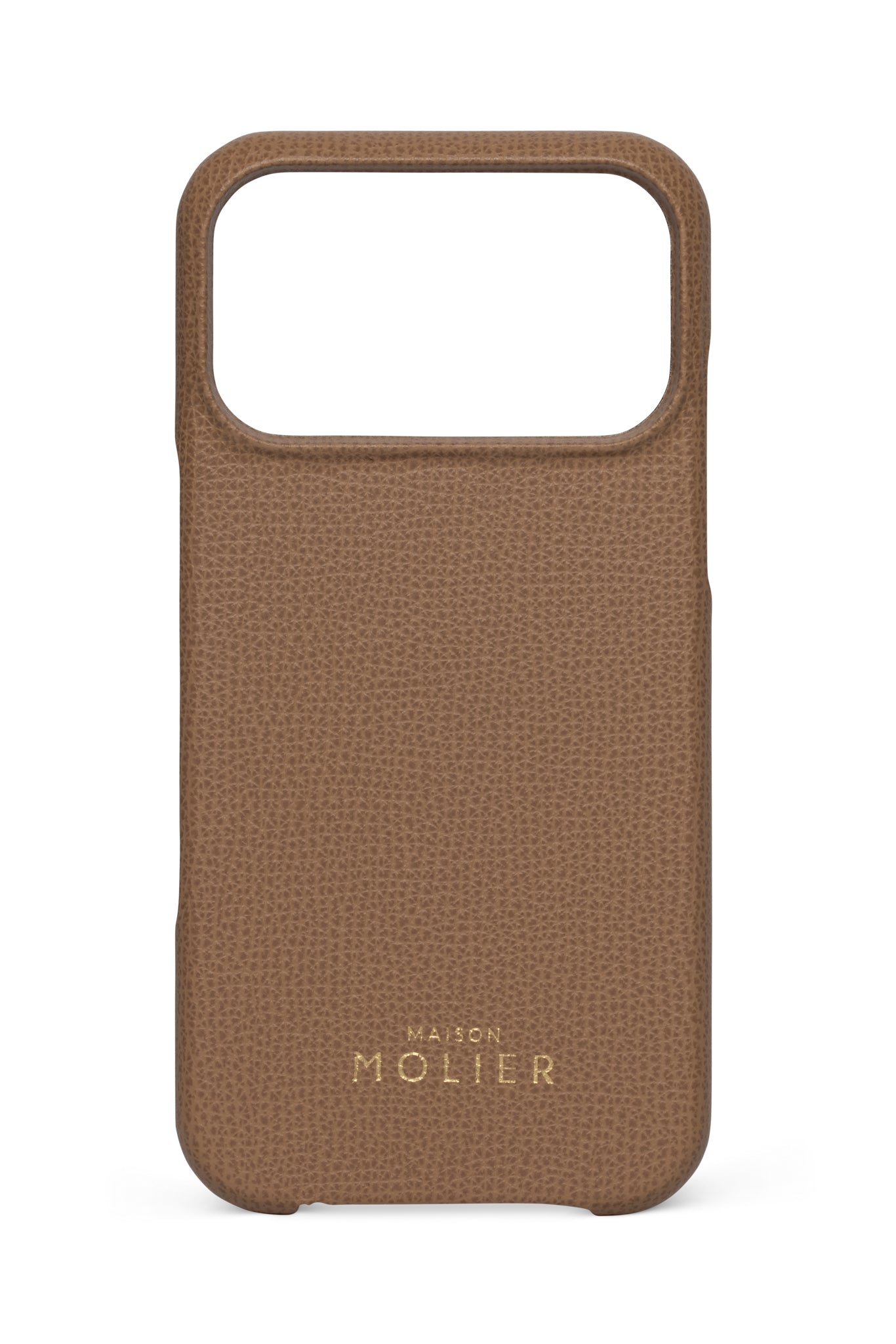 Brown phone case with 'MAISON MOLIER' branding on a white background