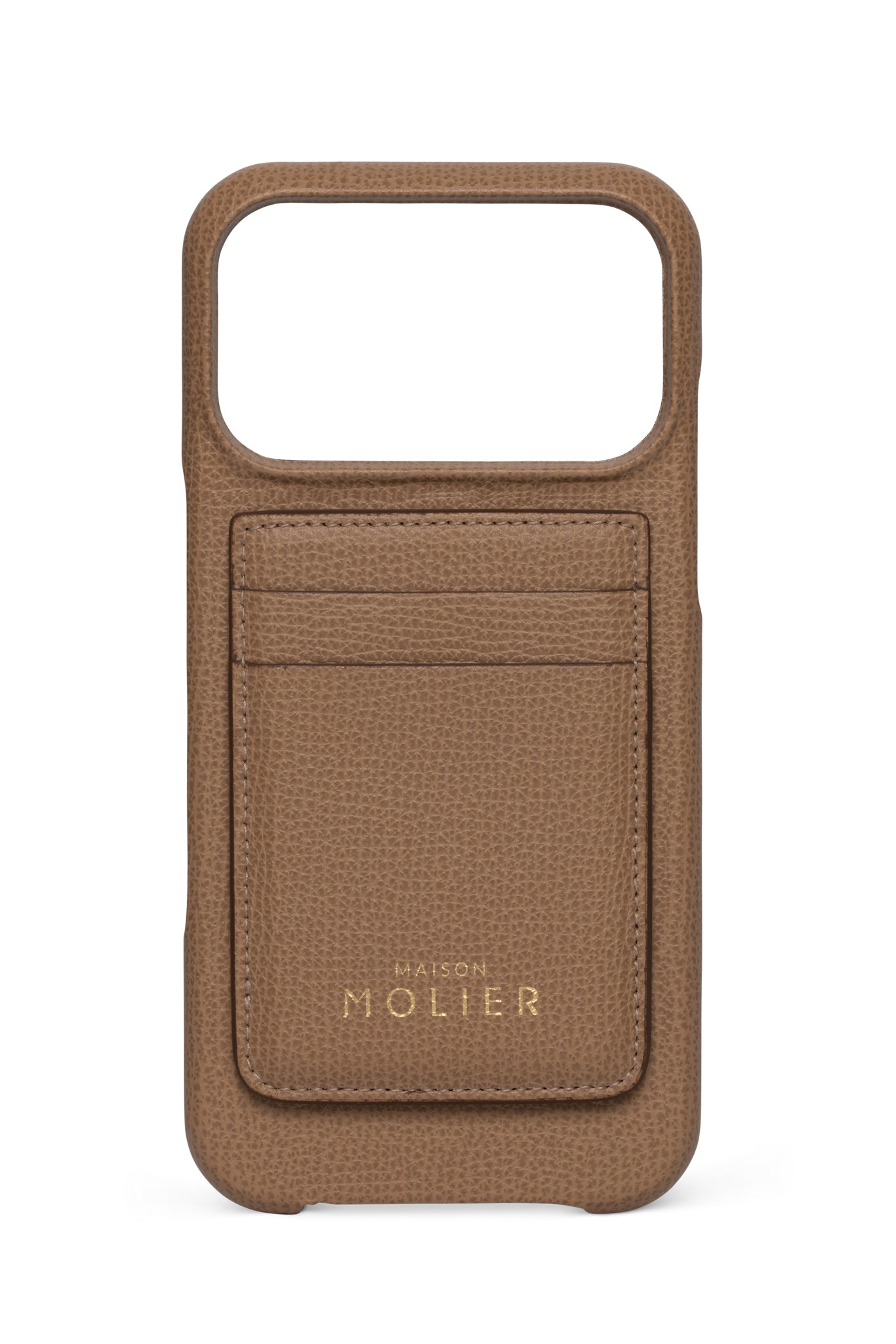 Latte Iphone case with a card slot on a white background