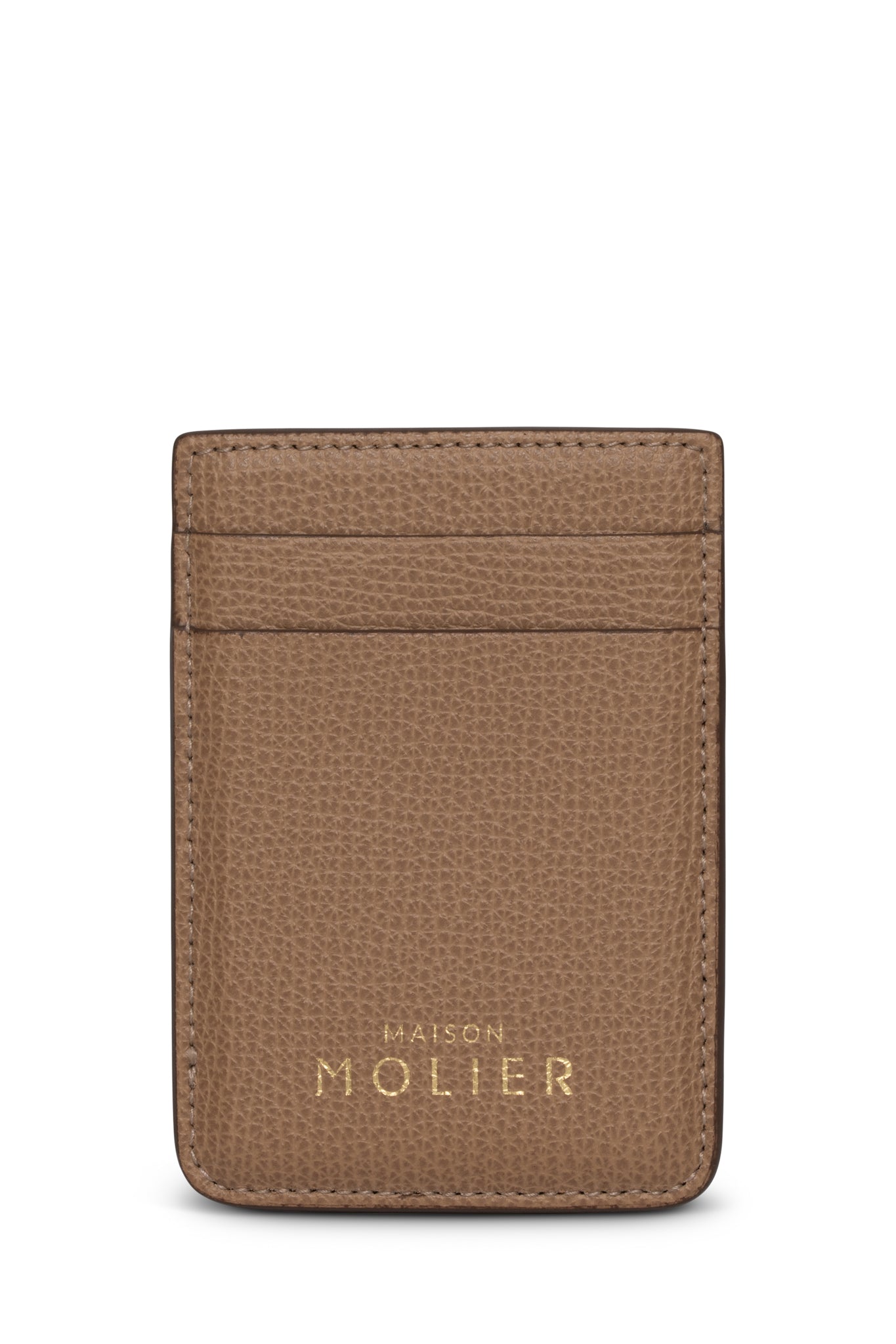 Brown leather cardholder with 'MAISON MOLIER' branding on a white background