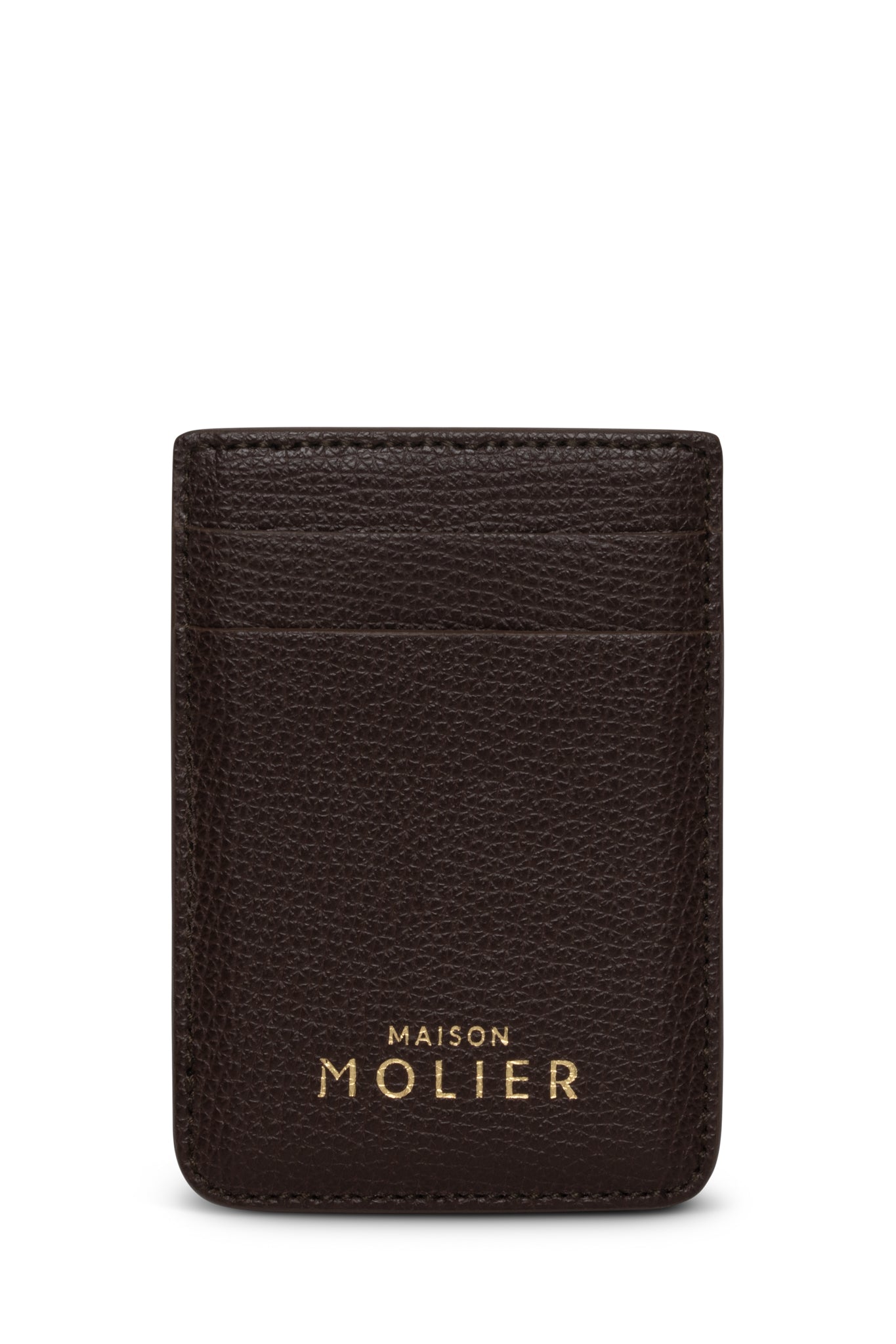 Black leather cardholder with 'Maison Molier' branding on a white background